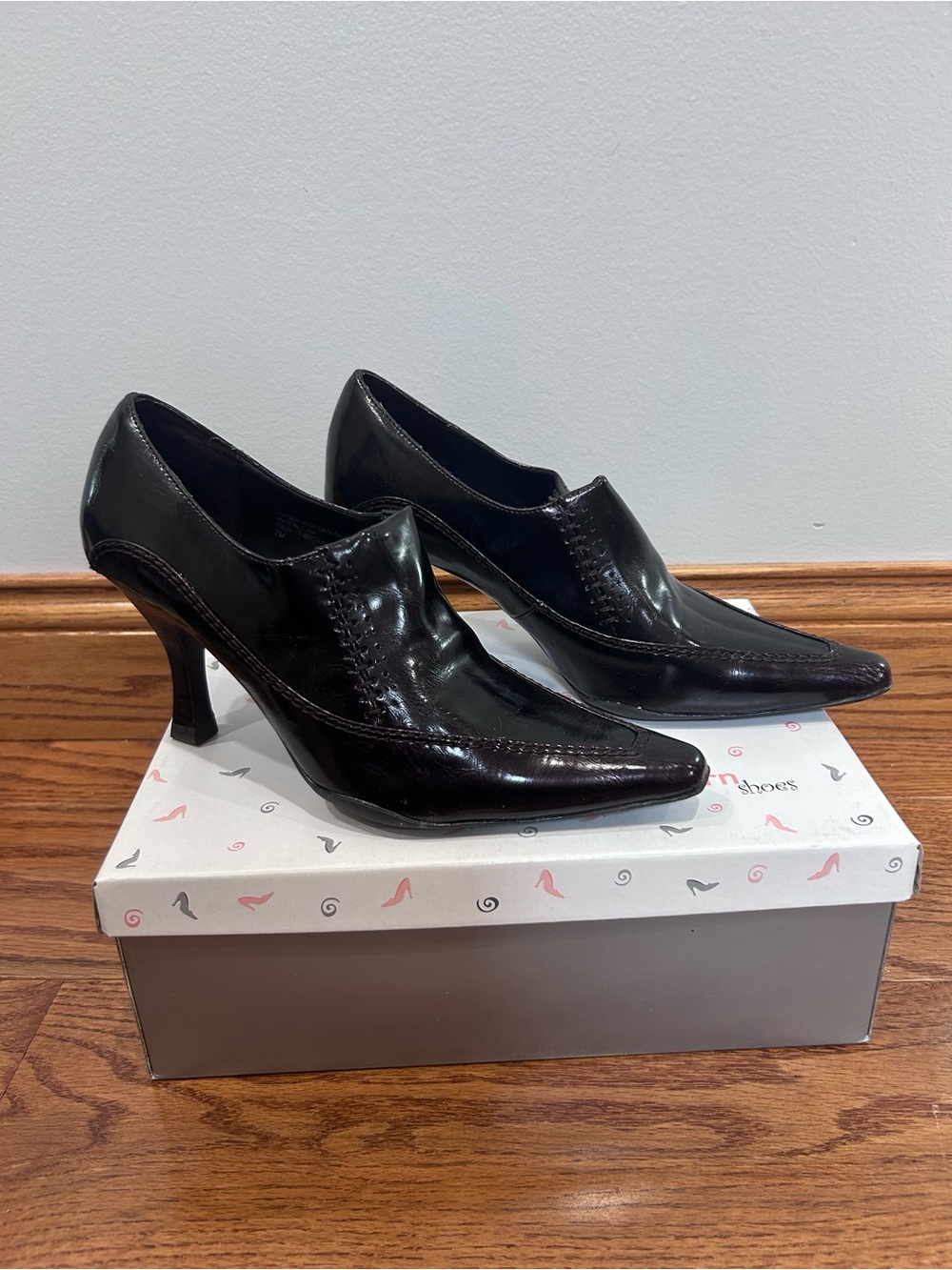 dressbarn brown Patent Pointed-Toe Heeled Loafers with Stitch Detail